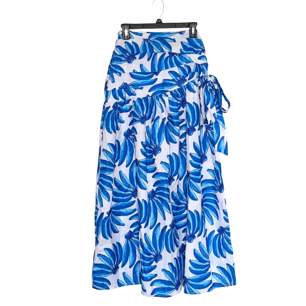 HT 360 Collective Maxi Wrap Skirt Blue/White Banana Print Cotton Blend Size XS